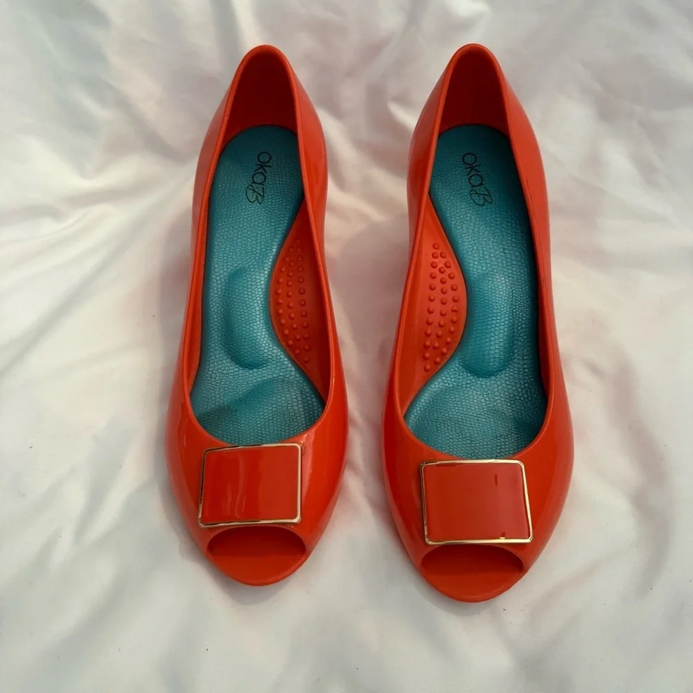 EUC Oka-B Jelly Wedge Peep-toe Heels with Buckle Detail